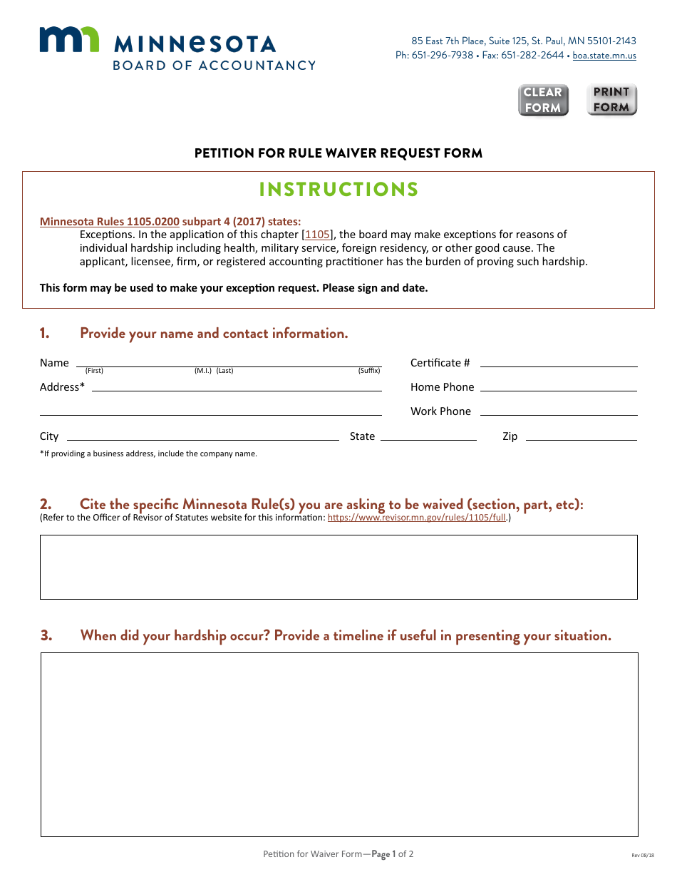 Petition for Rule Waiver Request Form - Minnesota, Page 1