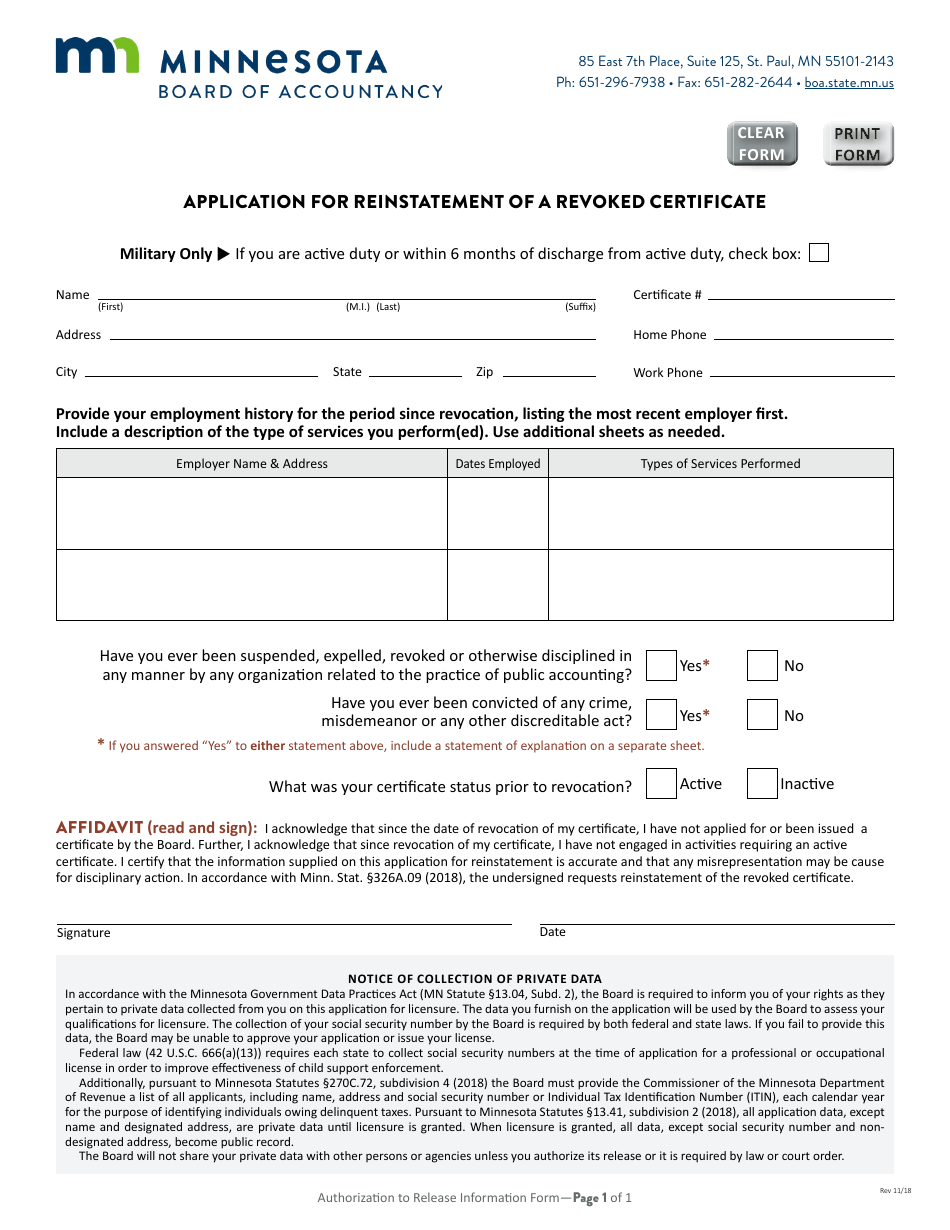 Application Form for Reinstatement of a Revoked Certificate - Minnesota, Page 1