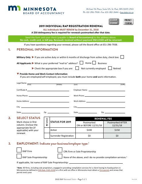 Individual Rap Registration Renewal Form - Minnesota, 2019