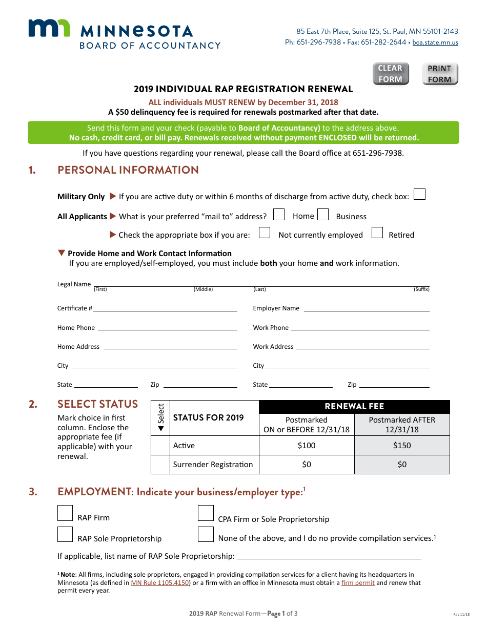 Individual Rap Registration Renewal Form - Minnesota, Page 1
