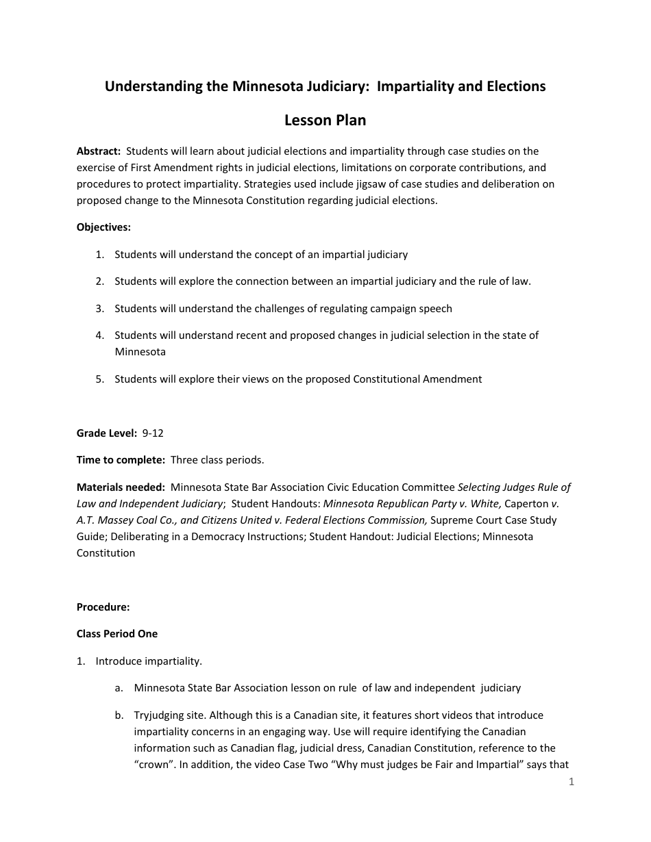 Understanding the Minnesota Judiciary: Impartiality and Elections Lesson Plan - Grades 9-12 - Minnesota, Page 1