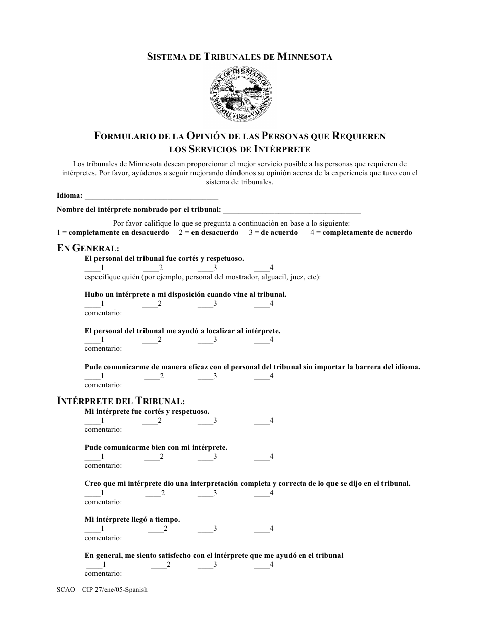 Formulario SCAO-CIP27 Formulario De La Opinion De Las Personas Que Requieren Los Servicios De Interprete - Minnesota (Spanish), Page 1