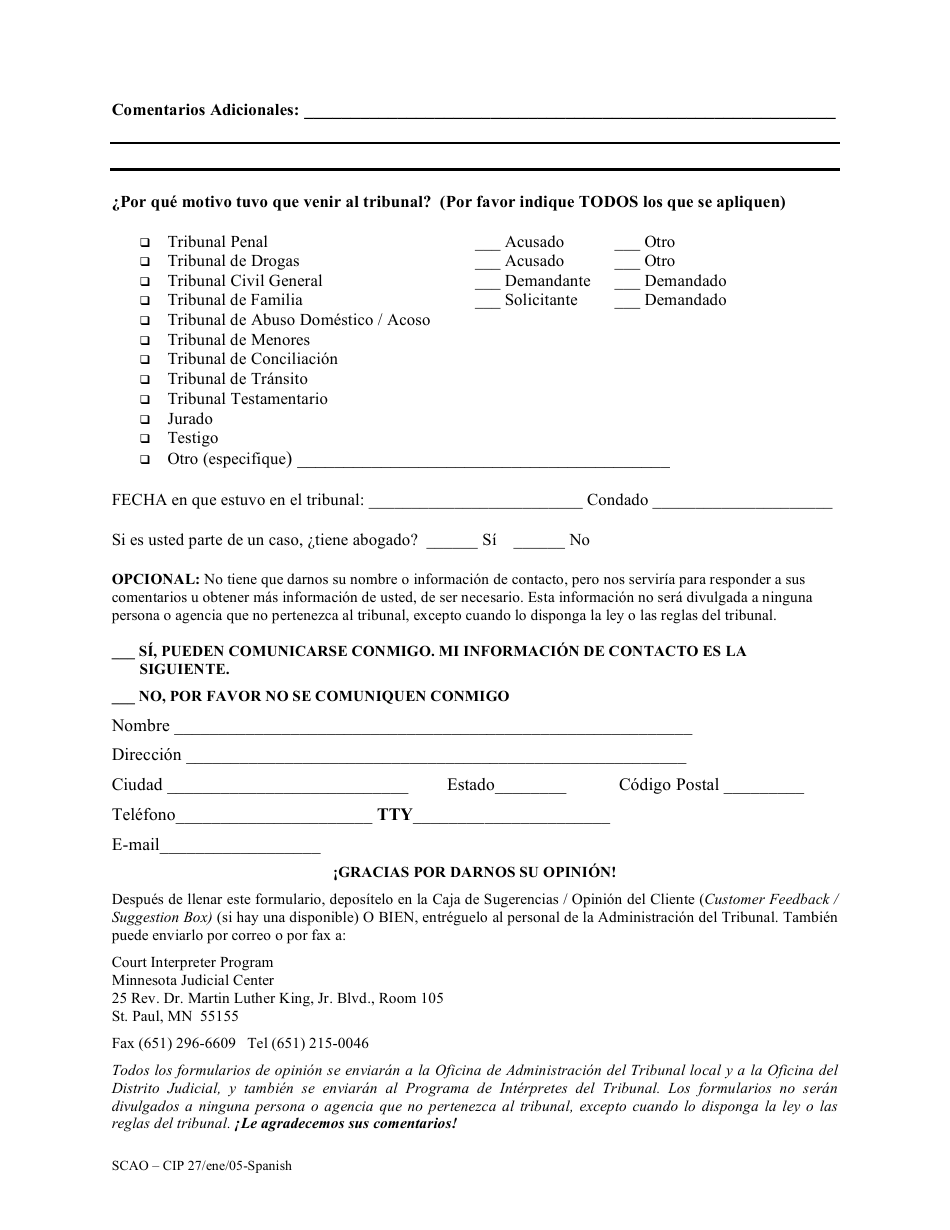 Formulario SCAO-CIP27 Formulario De La Opinion De Las Personas Que Requieren Los Servicios De Interprete - Minnesota (Spanish), Page 2