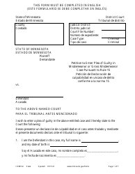 Document preview: Form CRM102 Petition to Enter Plea of Guilty in Misdemeanor or Gross Misdemeanor Case Pursuant to Rule 15 - Minnesota (English/Spanish)