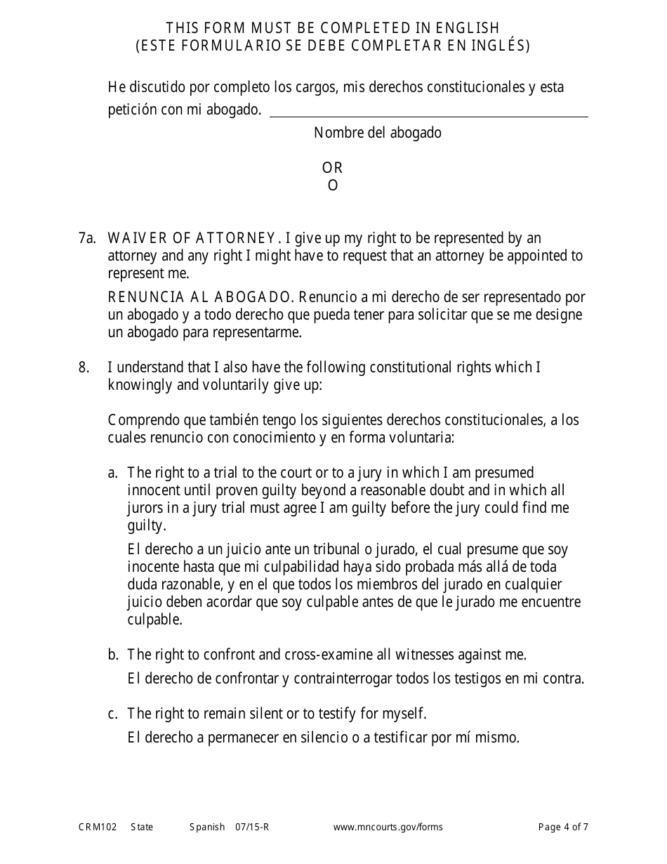Form CRM102 Petition to Enter Plea of Guilty in Misdemeanor or Gross Misdemeanor Case Pursuant to Rule 15 - Minnesota (English / Spanish), Page 4
