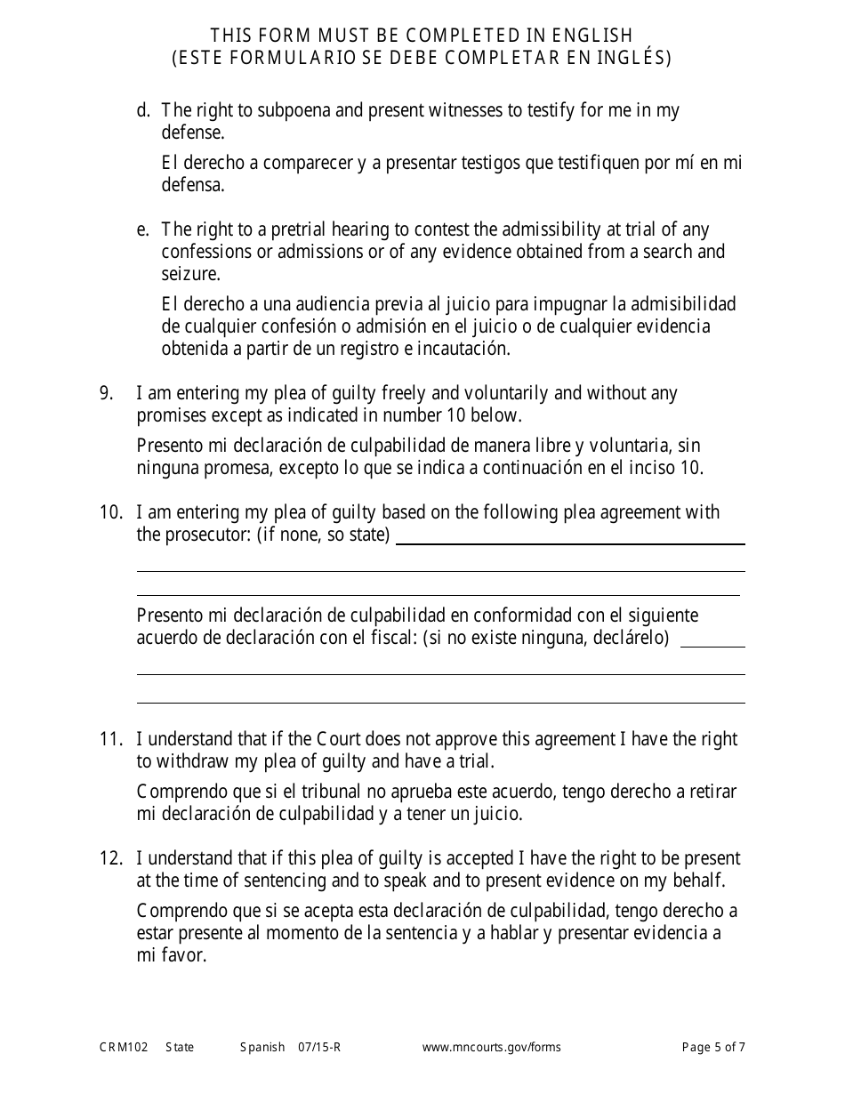 Form CRM102 Petition to Enter Plea of Guilty in Misdemeanor or Gross Misdemeanor Case Pursuant to Rule 15 - Minnesota (English / Spanish), Page 5