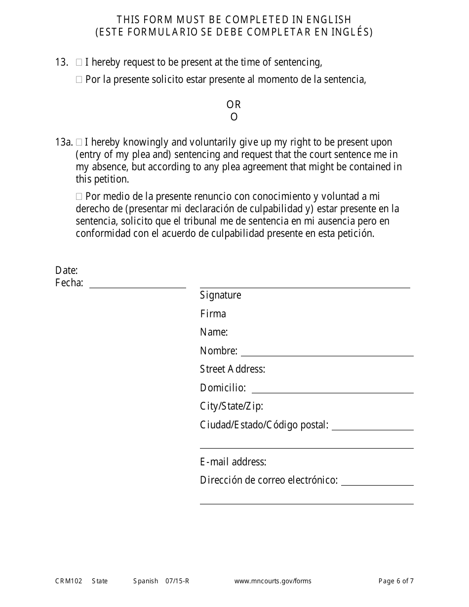 Form CRM102 Petition to Enter Plea of Guilty in Misdemeanor or Gross Misdemeanor Case Pursuant to Rule 15 - Minnesota (English / Spanish), Page 6