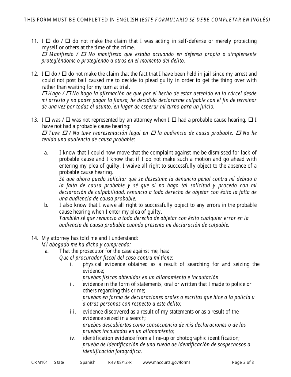 Form CRM101 Petition to Enter Plea of Guilty in Felony Case Pursuant to Rule 15 - Minnesota (English / Spanish), Page 3