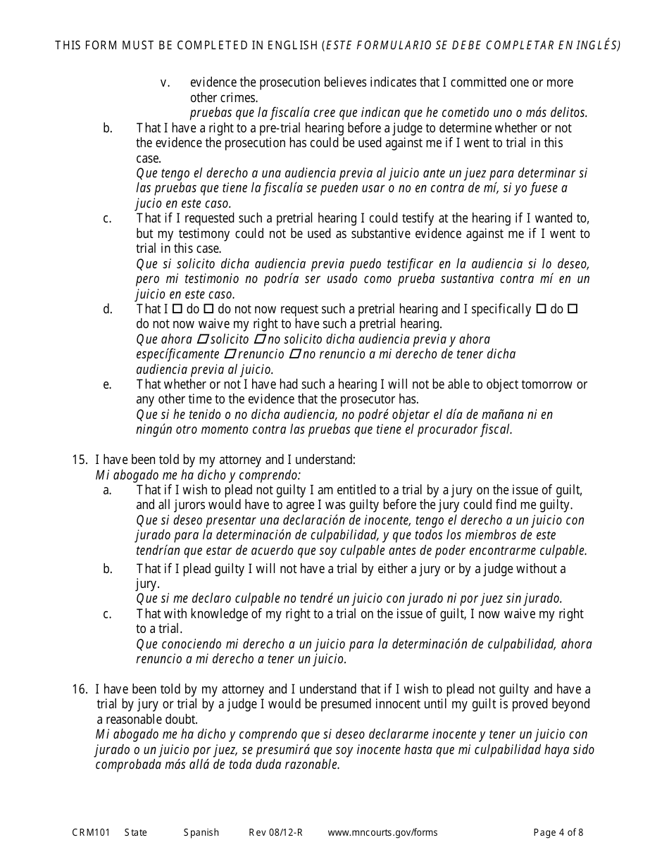 Form CRM101 Petition to Enter Plea of Guilty in Felony Case Pursuant to Rule 15 - Minnesota (English / Spanish), Page 4