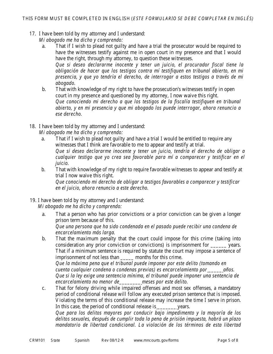 Form CRM101 Petition to Enter Plea of Guilty in Felony Case Pursuant to Rule 15 - Minnesota (English / Spanish), Page 5