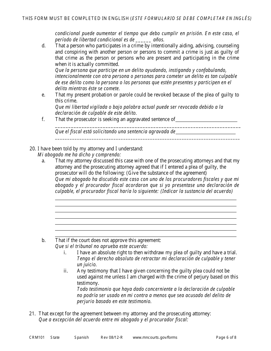 Form CRM101 Petition to Enter Plea of Guilty in Felony Case Pursuant to Rule 15 - Minnesota (English / Spanish), Page 6