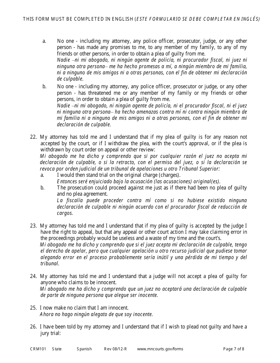 Form CRM101 Petition to Enter Plea of Guilty in Felony Case Pursuant to Rule 15 - Minnesota (English / Spanish), Page 7