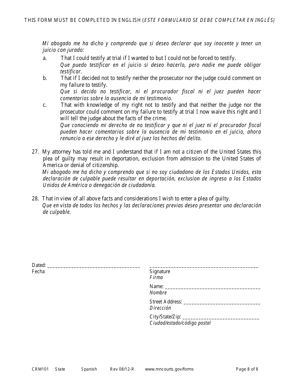 Form CRM101 Petition to Enter Plea of Guilty in Felony Case Pursuant to Rule 15 - Minnesota (English / Spanish), Page 8