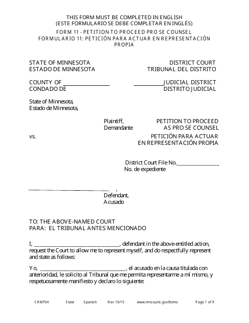 Form CRM704 (11) Petition to Proceed Pro Se Counsel - Minnesota (English/Spanish)