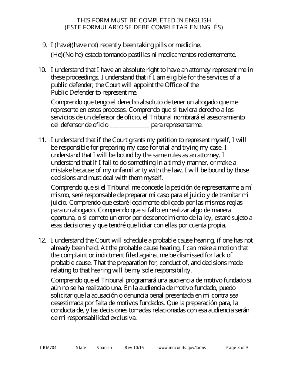 Form CRM704 (11) Petition to Proceed Pro Se Counsel - Minnesota (English / Spanish), Page 3