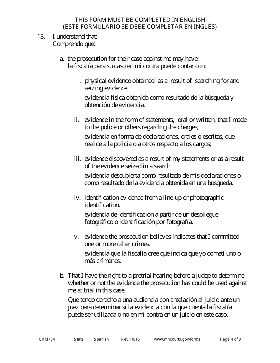 Form CRM704 (11) Petition to Proceed Pro Se Counsel - Minnesota (English / Spanish), Page 4