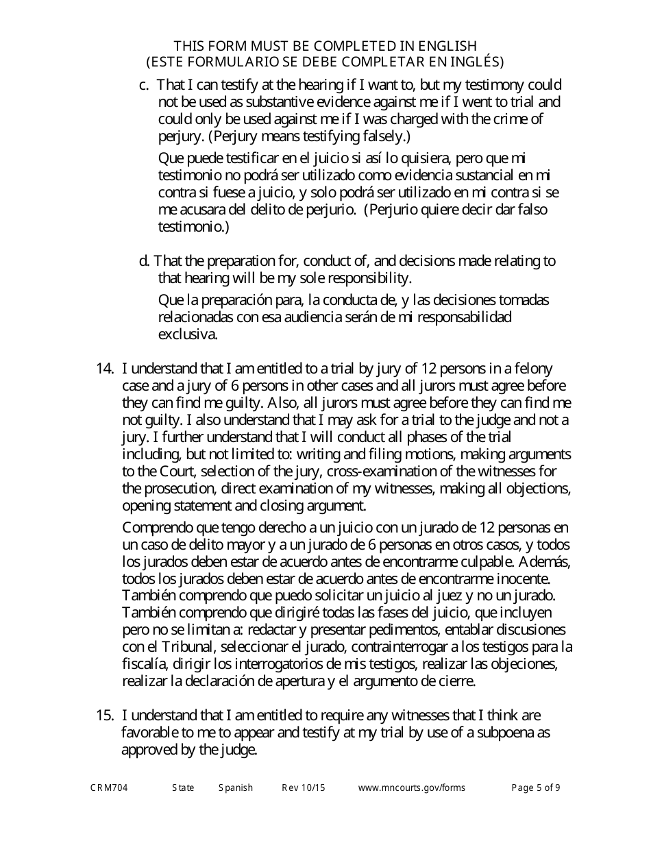 Form CRM704 (11) Petition to Proceed Pro Se Counsel - Minnesota (English / Spanish), Page 5