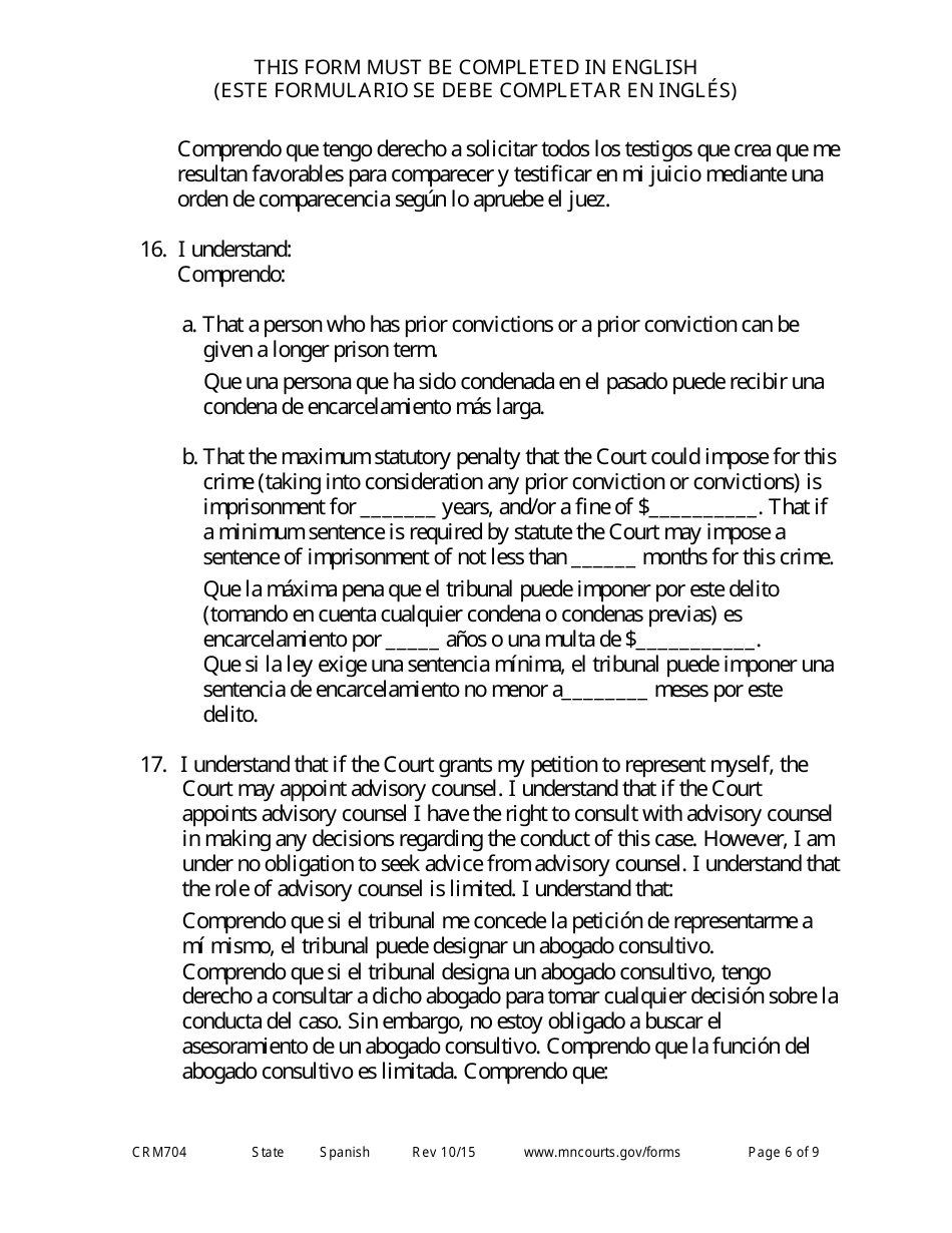 Form CRM704 (11) Petition to Proceed Pro Se Counsel - Minnesota (English / Spanish), Page 6