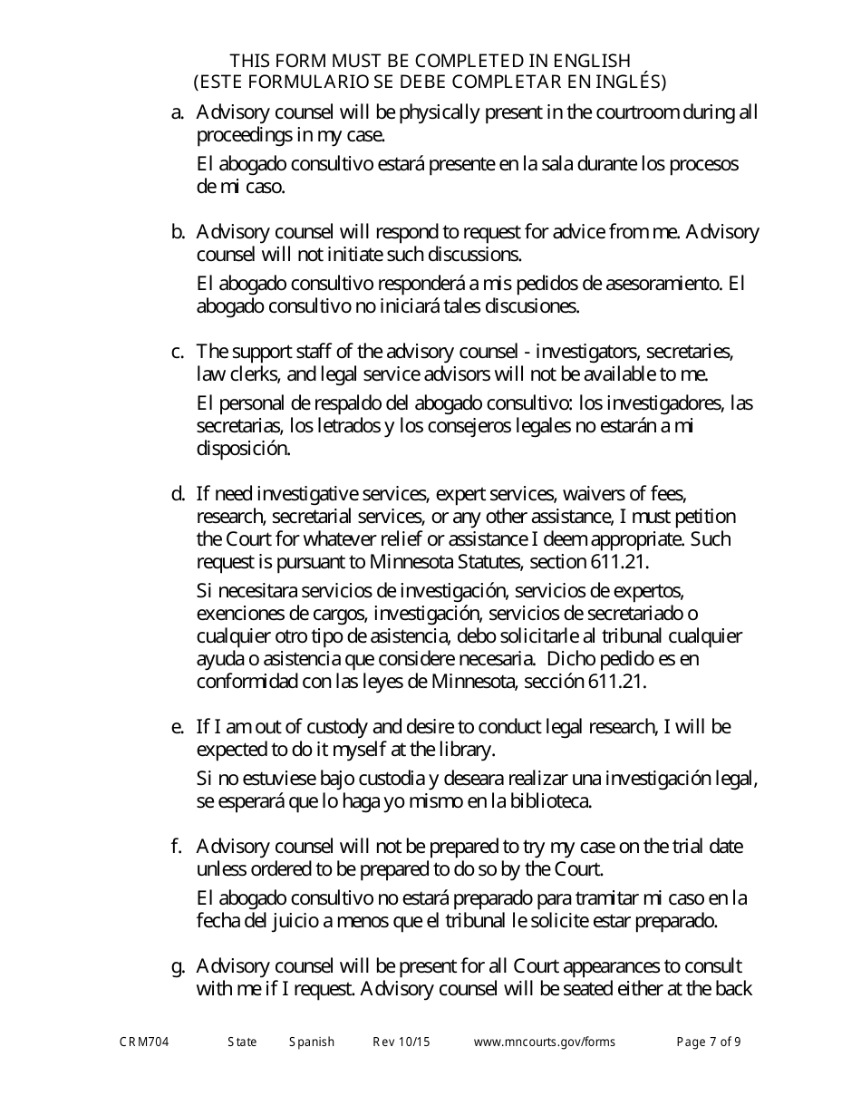 Form CRM704 (11) Petition to Proceed Pro Se Counsel - Minnesota (English / Spanish), Page 7