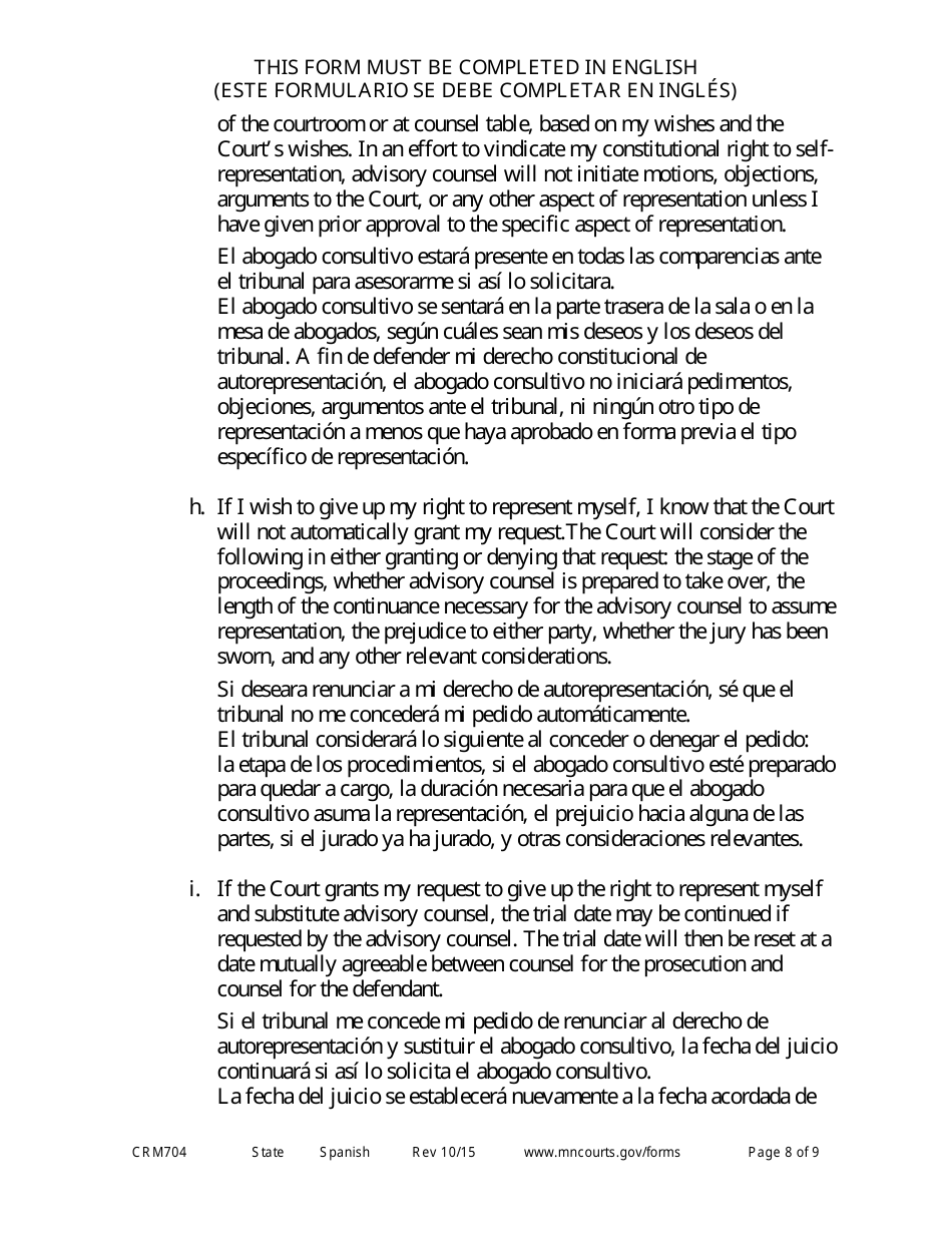 Form CRM704 (11) Petition to Proceed Pro Se Counsel - Minnesota (English / Spanish), Page 8