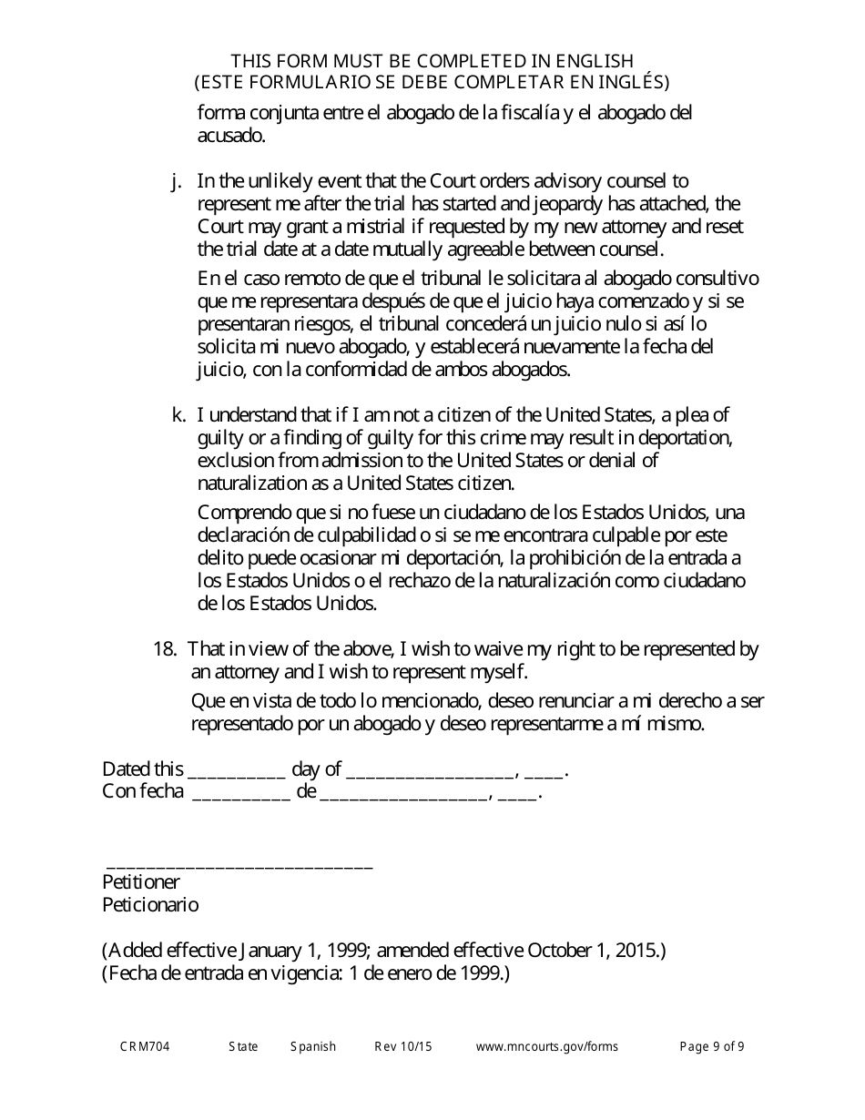 Form CRM704 (11) Petition to Proceed Pro Se Counsel - Minnesota (English / Spanish), Page 9