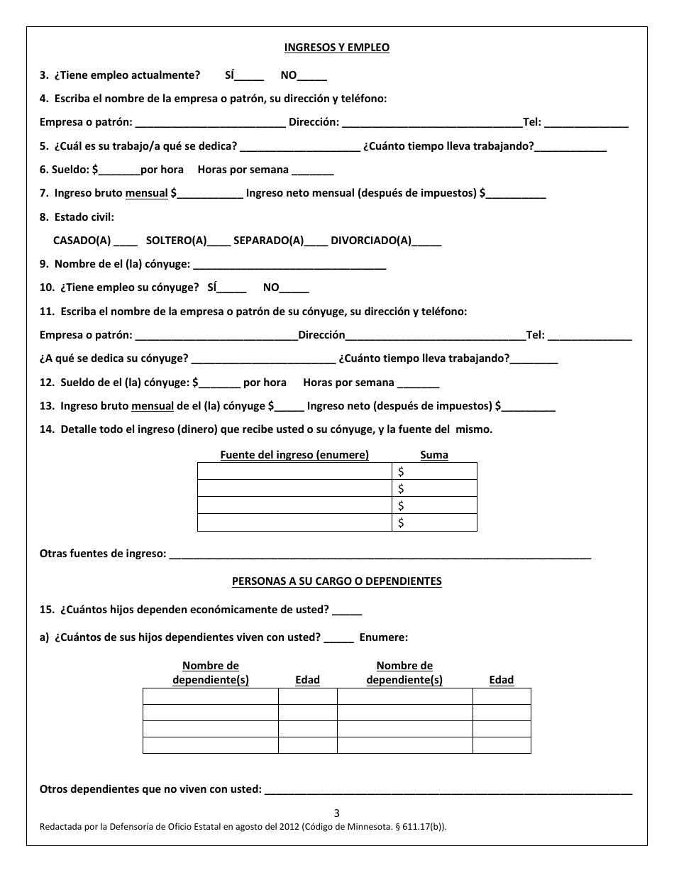 Solicitud Para Defensor De Oficio - Minnesota (Spanish), Page 3