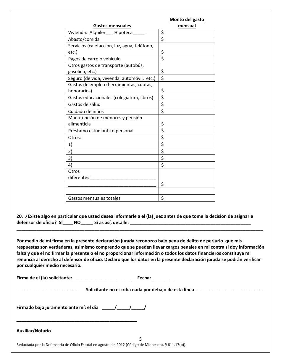 Solicitud Para Defensor De Oficio - Minnesota (Spanish), Page 5