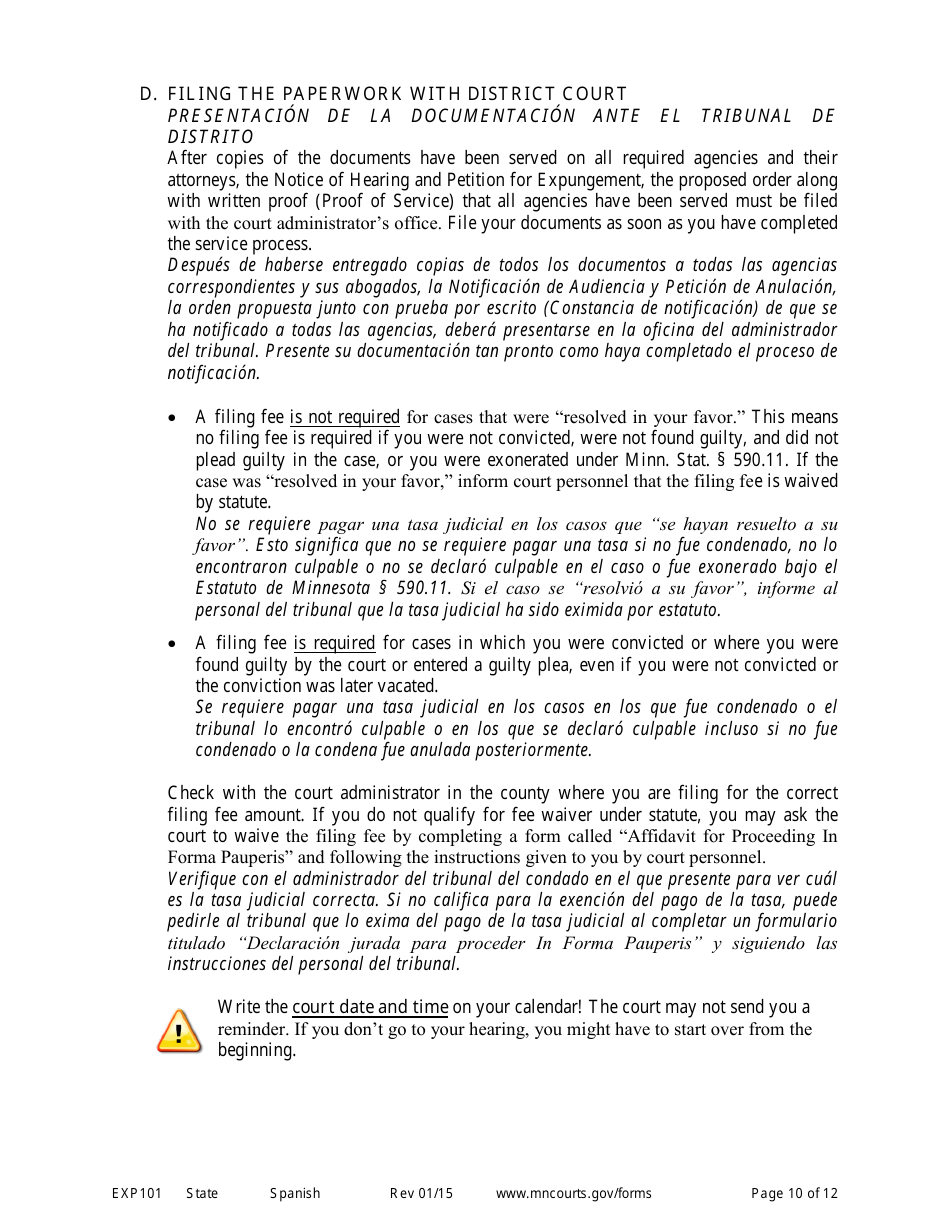 Form EXP101 Petitioners Instructions for Expungement (Sealing) of Criminal Records - Minnesota (English / Spanish), Page 10