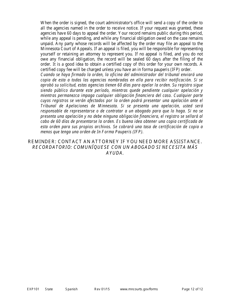 Form EXP101 Petitioners Instructions for Expungement (Sealing) of Criminal Records - Minnesota (English / Spanish), Page 12