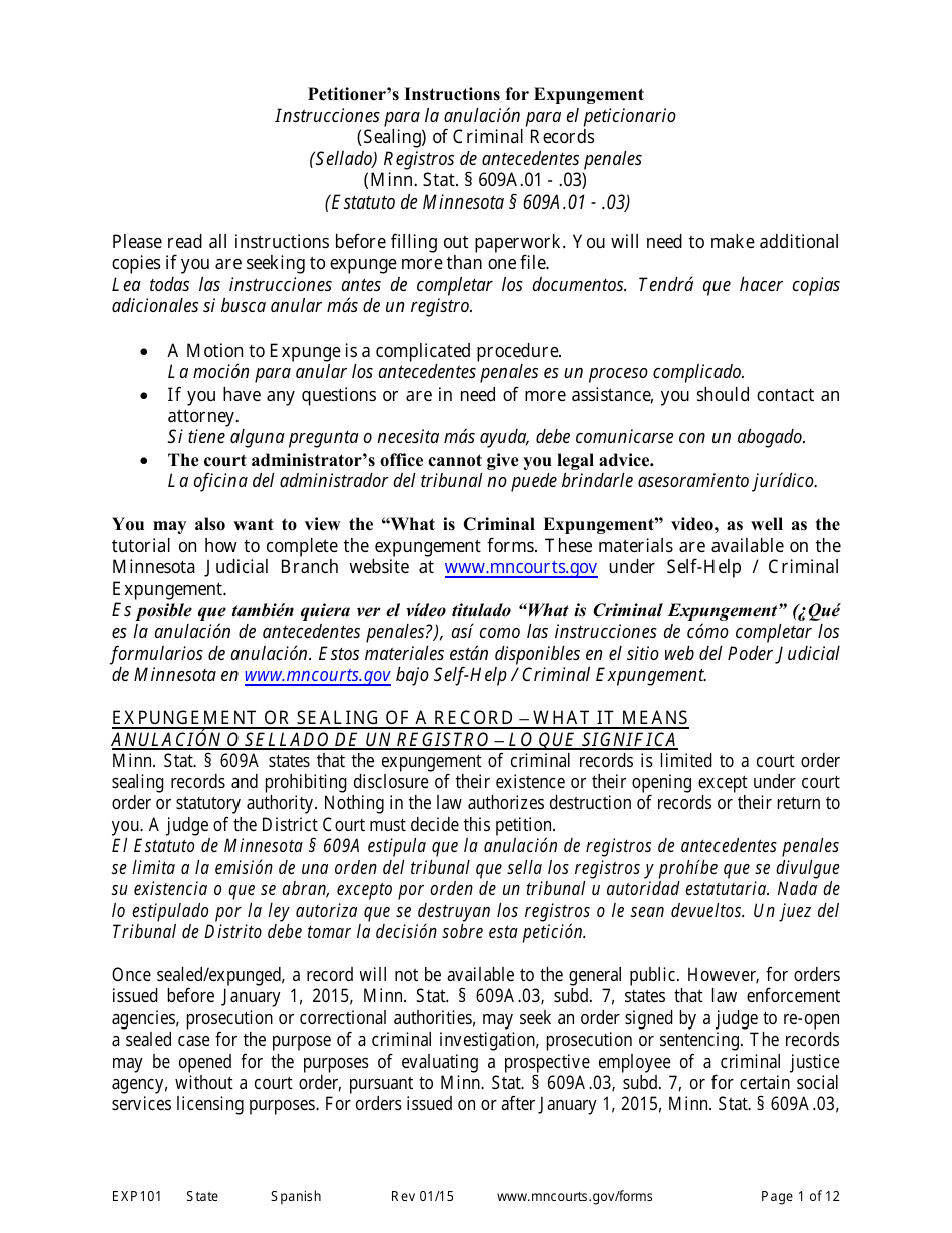 Form EXP101 Petitioners Instructions for Expungement (Sealing) of Criminal Records - Minnesota (English / Spanish), Page 1