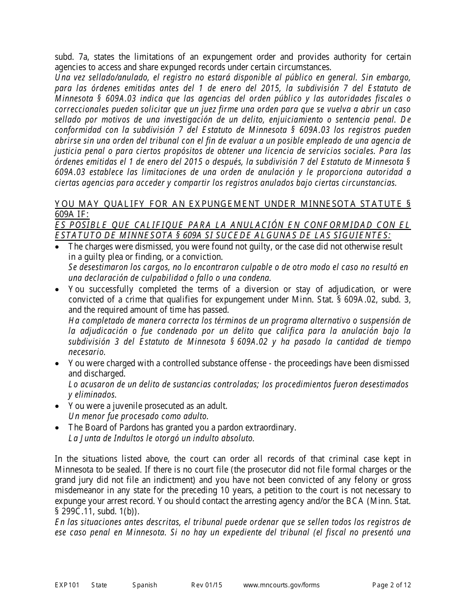Form EXP101 Petitioners Instructions for Expungement (Sealing) of Criminal Records - Minnesota (English / Spanish), Page 2