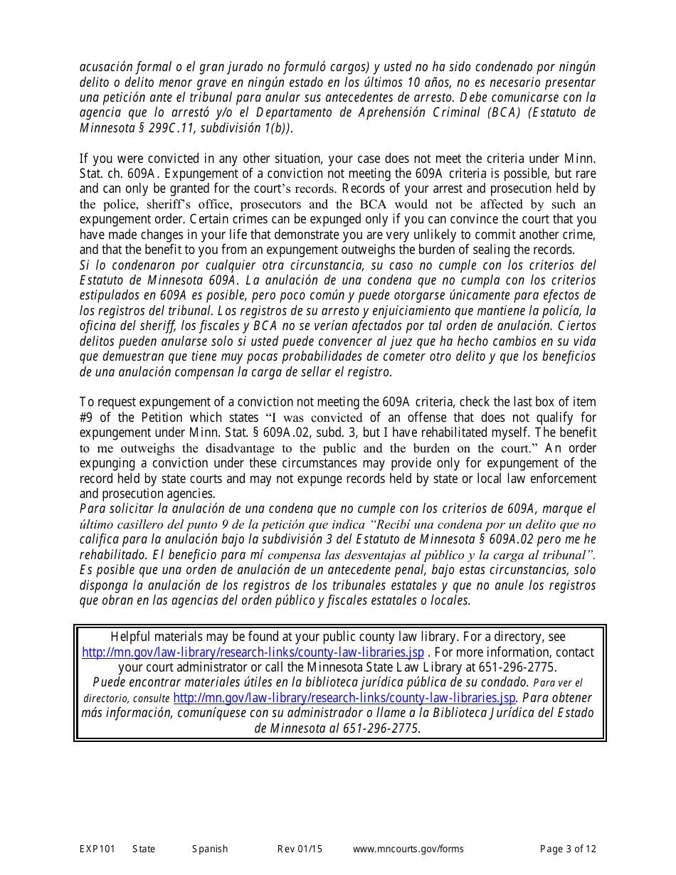 Form EXP101 Petitioners Instructions for Expungement (Sealing) of Criminal Records - Minnesota (English / Spanish), Page 3