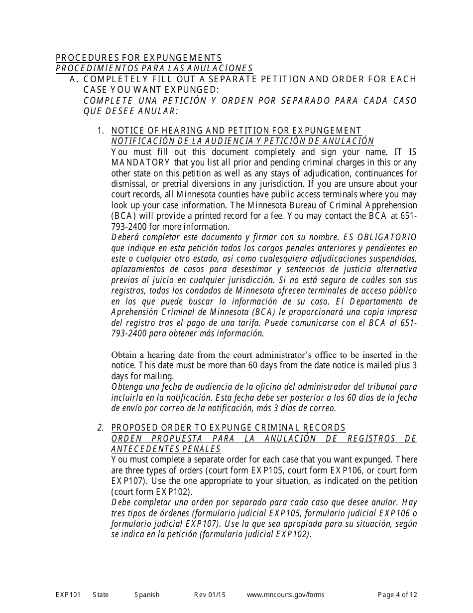 Form EXP101 Petitioners Instructions for Expungement (Sealing) of Criminal Records - Minnesota (English / Spanish), Page 4