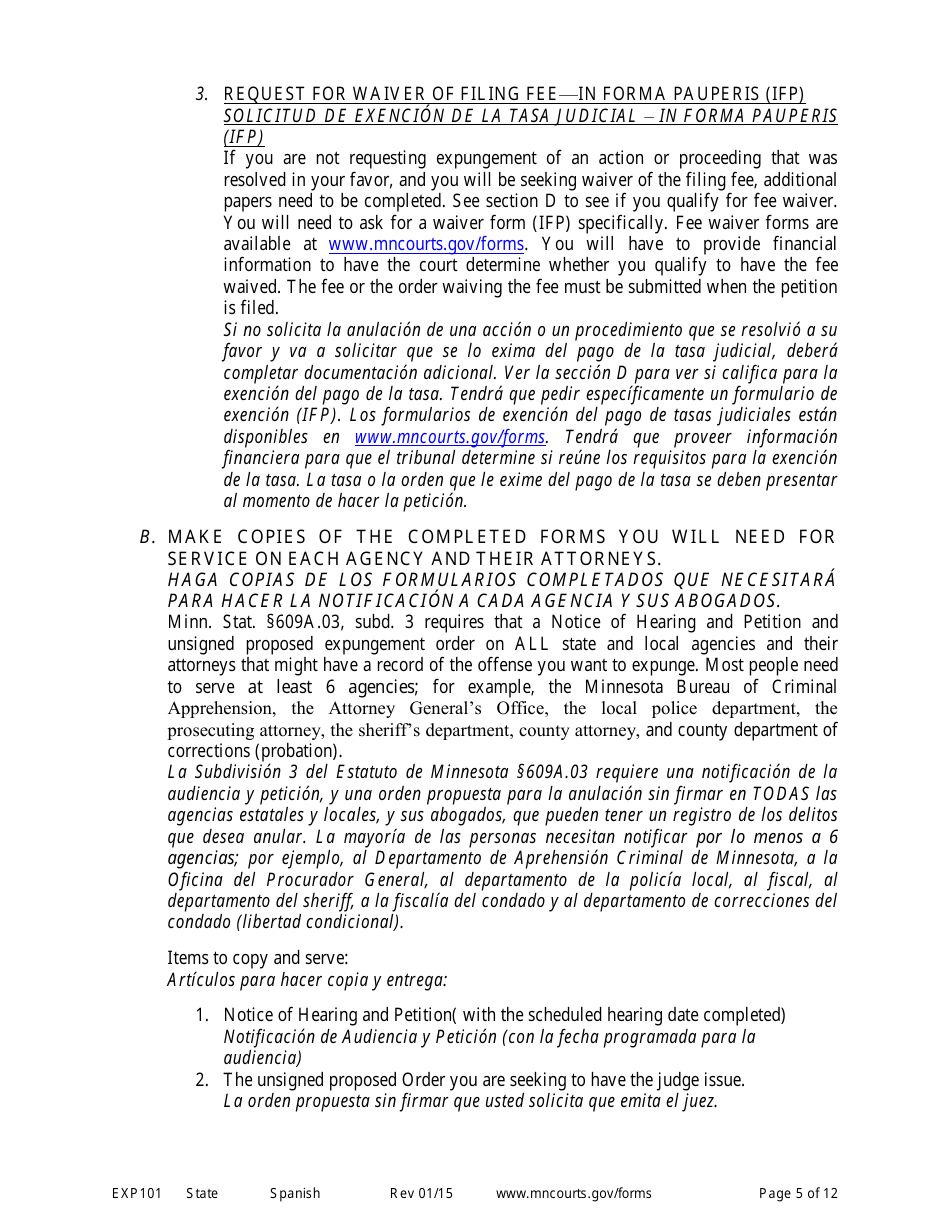 Form EXP101 Petitioners Instructions for Expungement (Sealing) of Criminal Records - Minnesota (English / Spanish), Page 5