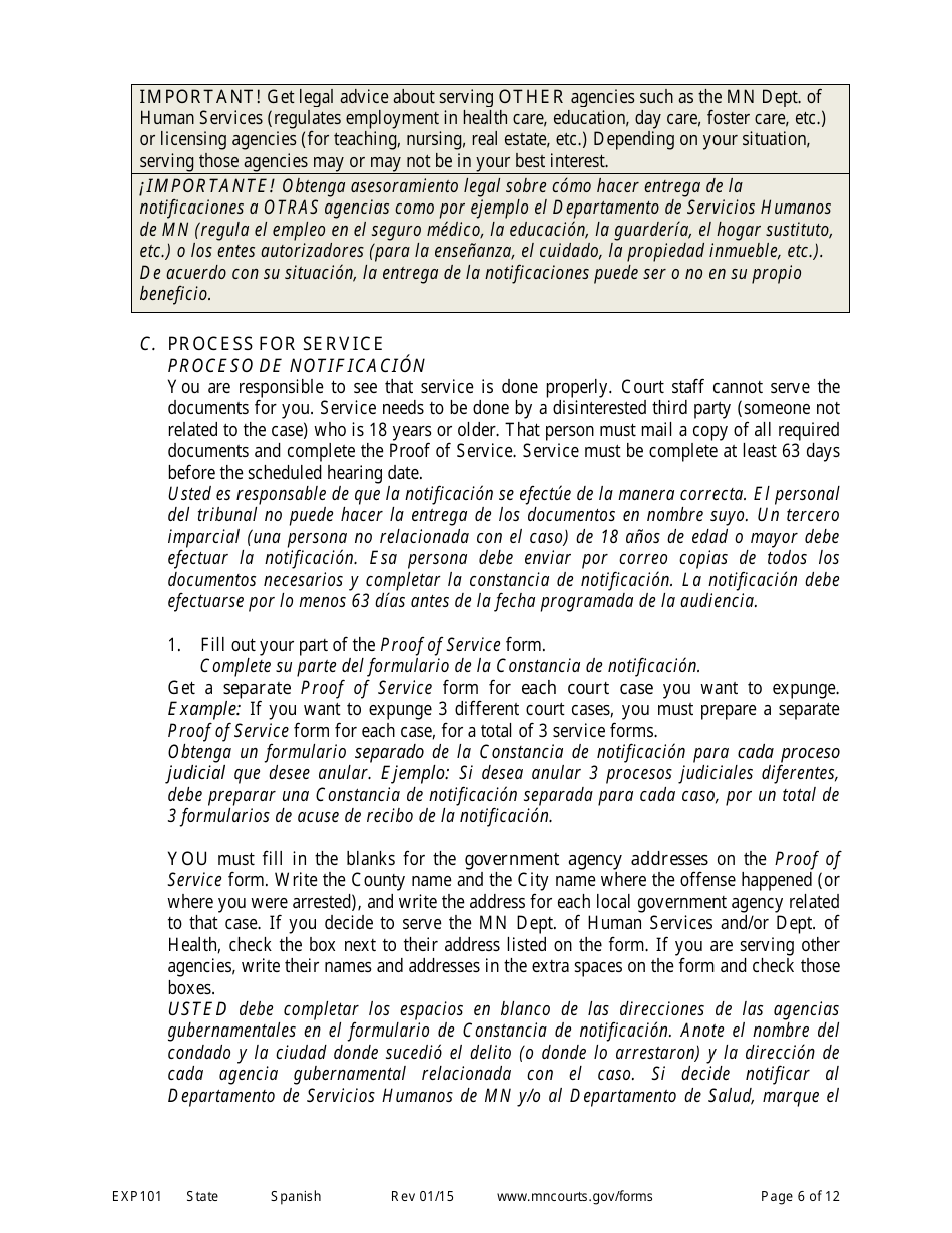 Form EXP101 Petitioners Instructions for Expungement (Sealing) of Criminal Records - Minnesota (English / Spanish), Page 6