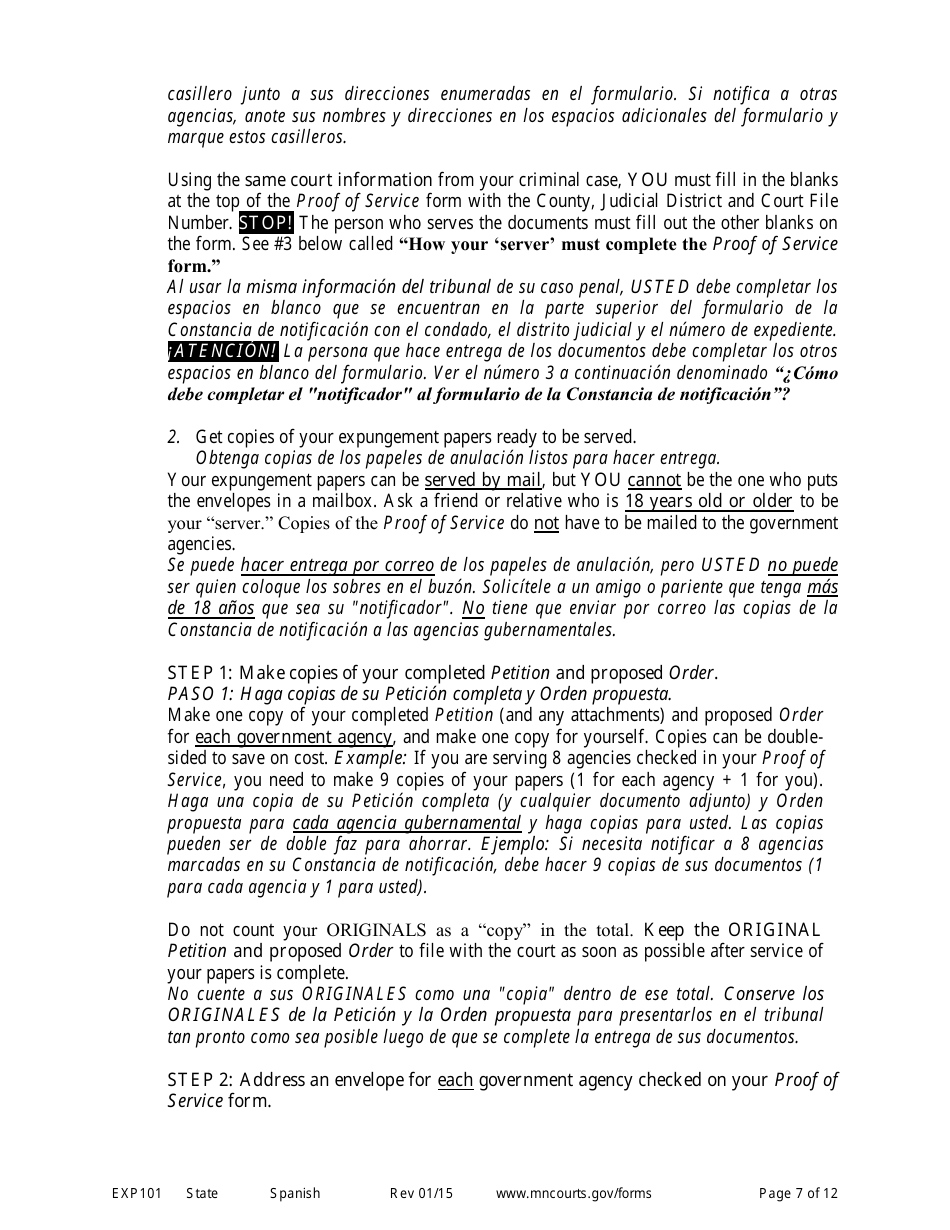 Form EXP101 Petitioners Instructions for Expungement (Sealing) of Criminal Records - Minnesota (English / Spanish), Page 7