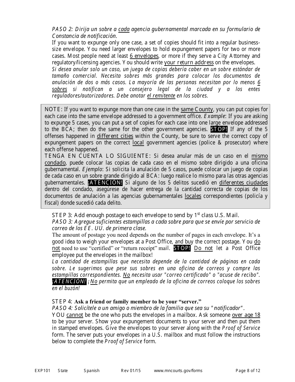 Form EXP101 Petitioners Instructions for Expungement (Sealing) of Criminal Records - Minnesota (English / Spanish), Page 8
