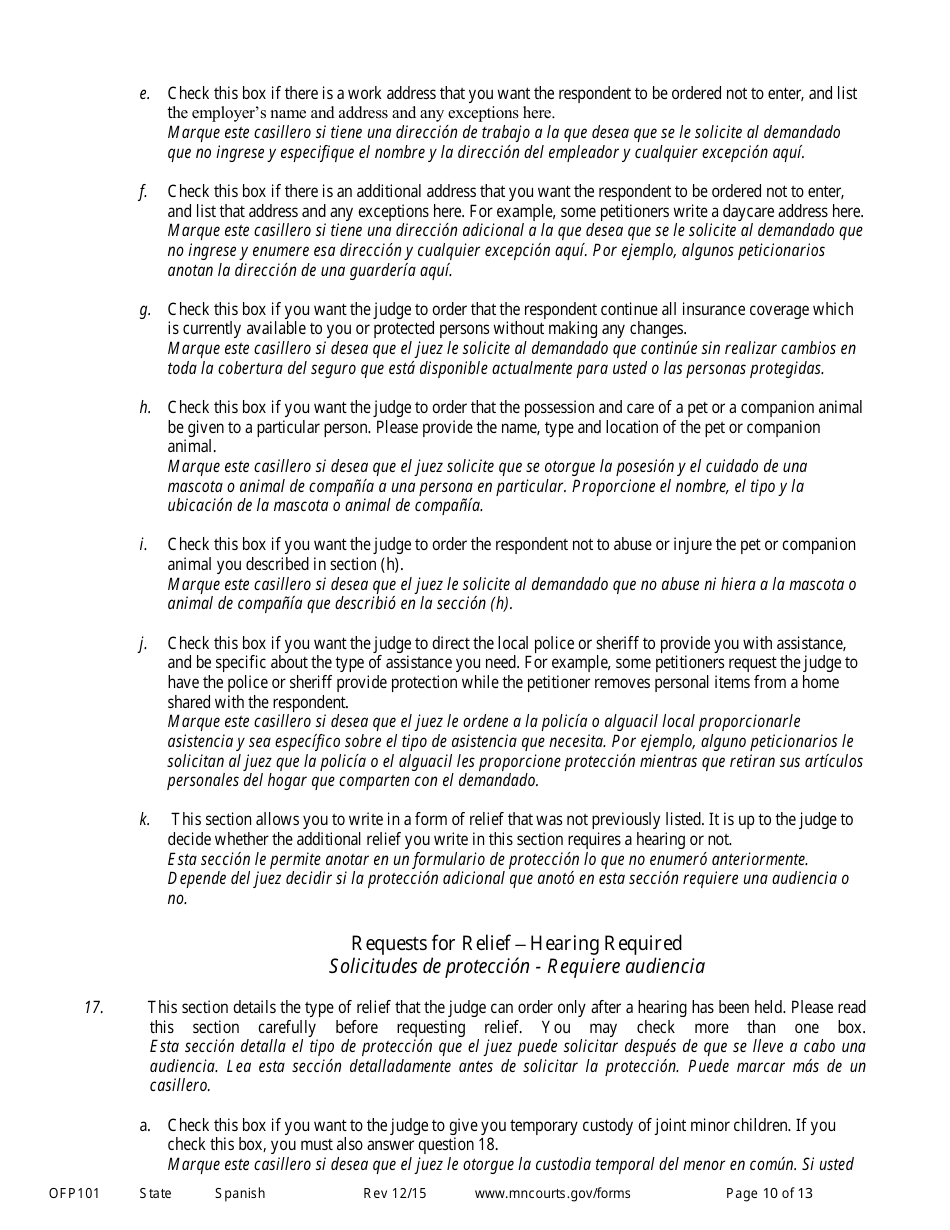 Form OFP101 Instructions to Apply for an Order for Protection (Minn. Stat. 518b.01) - Minnesota (English / Spanish), Page 10