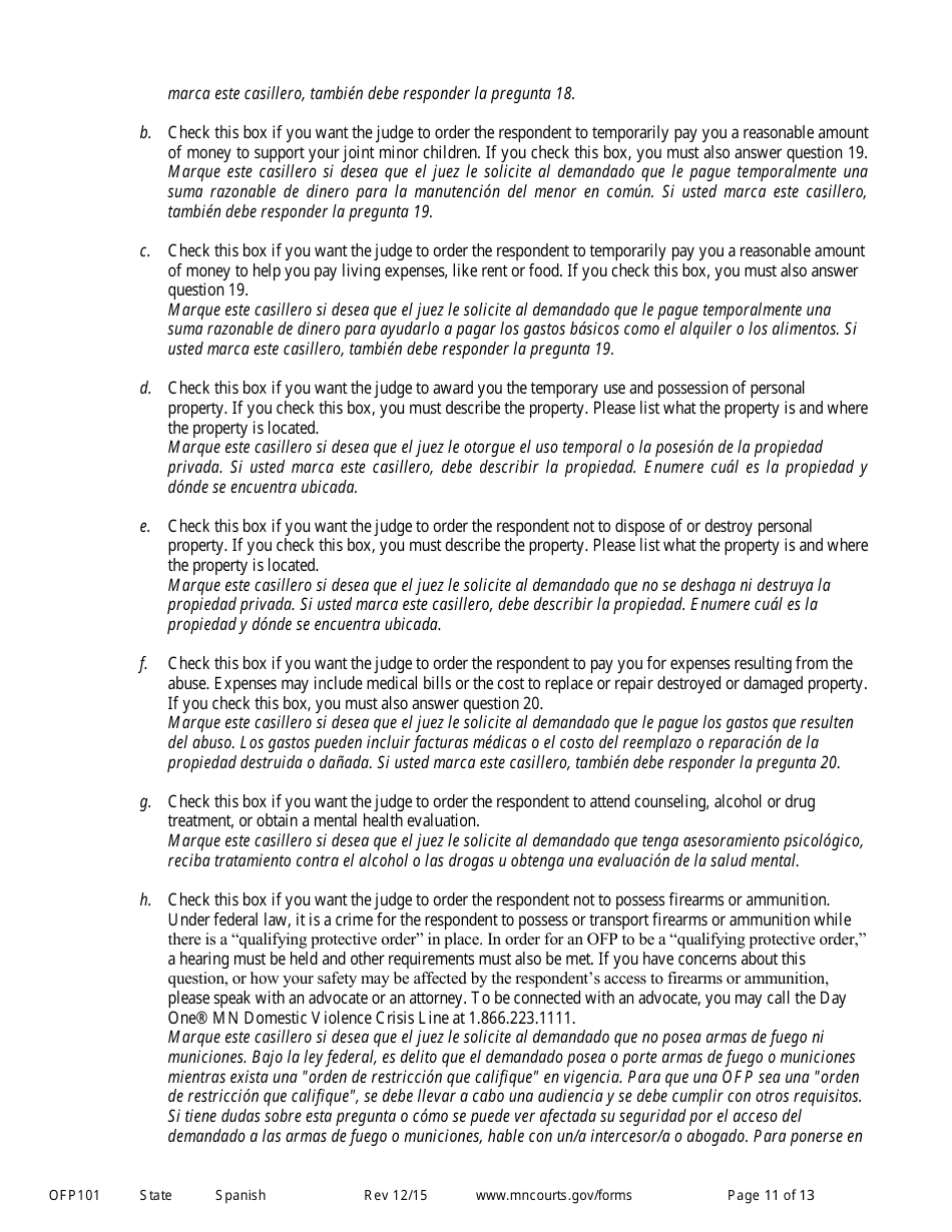 Form OFP101 Instructions to Apply for an Order for Protection (Minn. Stat. 518b.01) - Minnesota (English / Spanish), Page 11