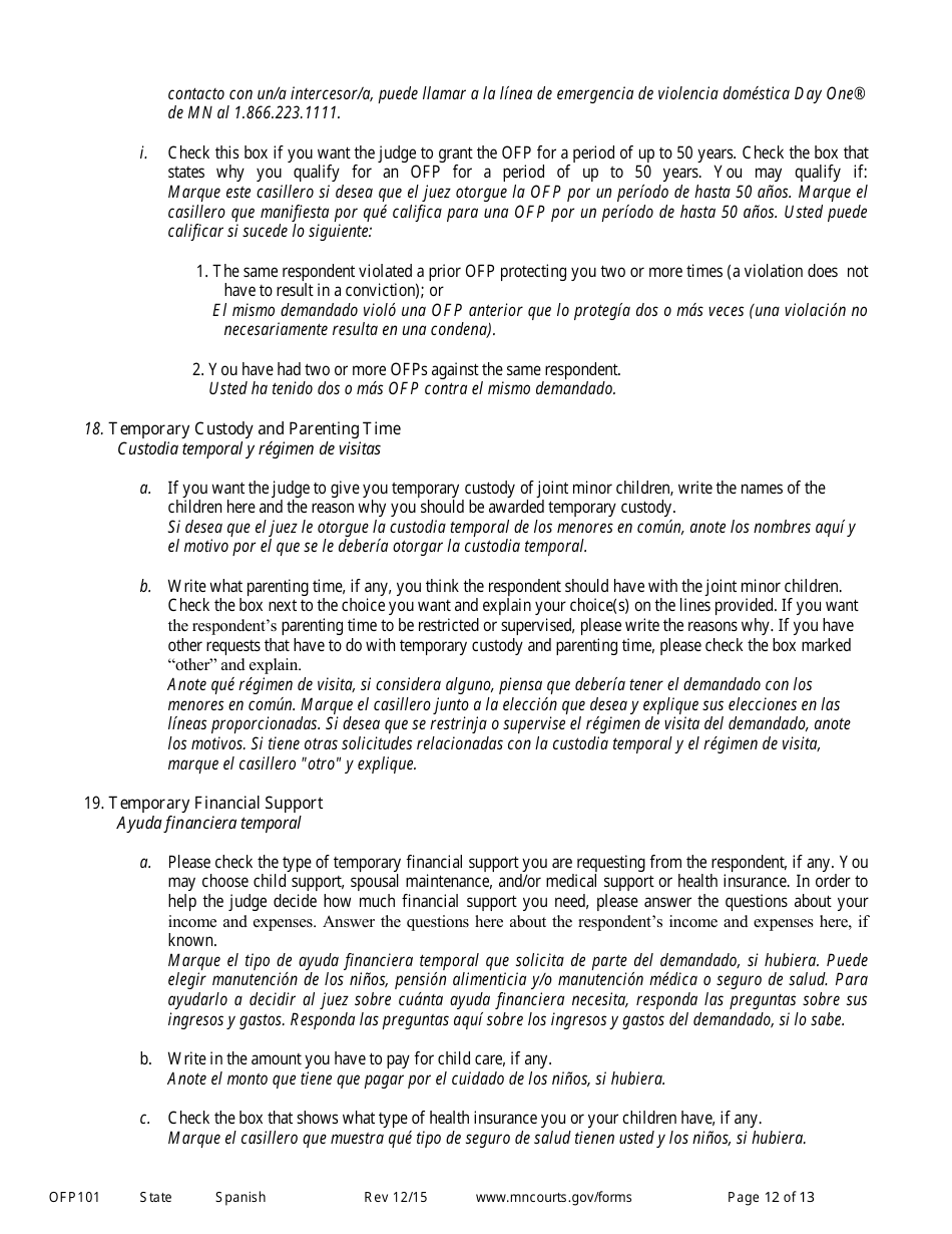 Form OFP101 Instructions to Apply for an Order for Protection (Minn. Stat. 518b.01) - Minnesota (English / Spanish), Page 12