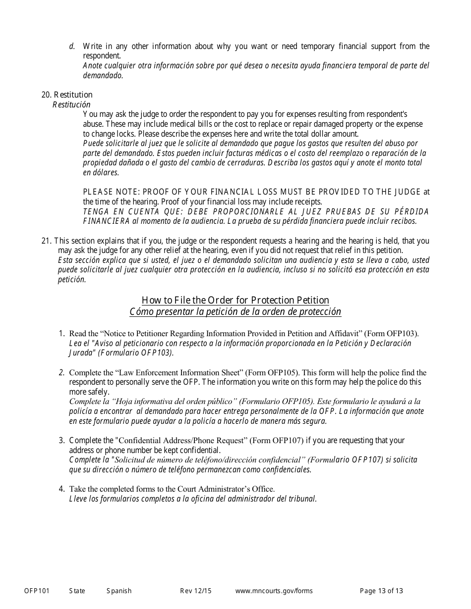 Form OFP101 Instructions to Apply for an Order for Protection (Minn. Stat. 518b.01) - Minnesota (English / Spanish), Page 13