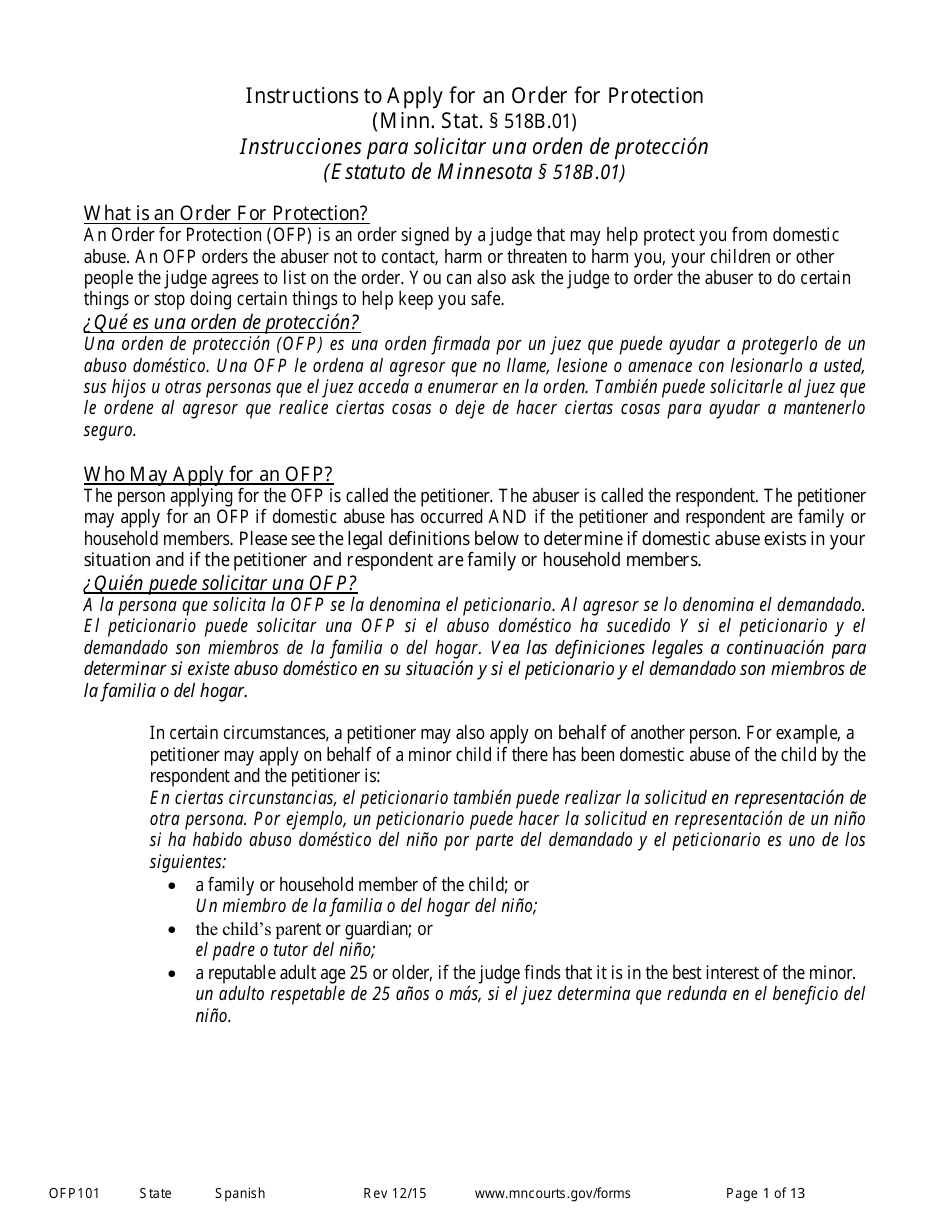 Form OFP101 Instructions to Apply for an Order for Protection (Minn. Stat. 518b.01) - Minnesota (English / Spanish), Page 1