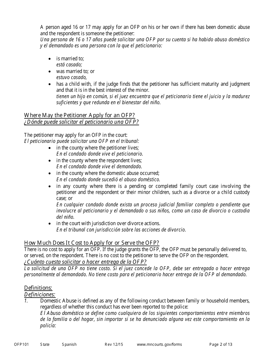 Form OFP101 Instructions to Apply for an Order for Protection (Minn. Stat. 518b.01) - Minnesota (English / Spanish), Page 2