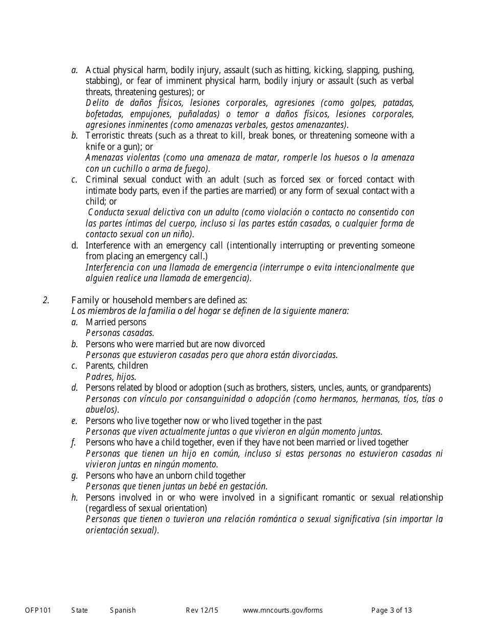 Form OFP101 Instructions to Apply for an Order for Protection (Minn. Stat. 518b.01) - Minnesota (English / Spanish), Page 3