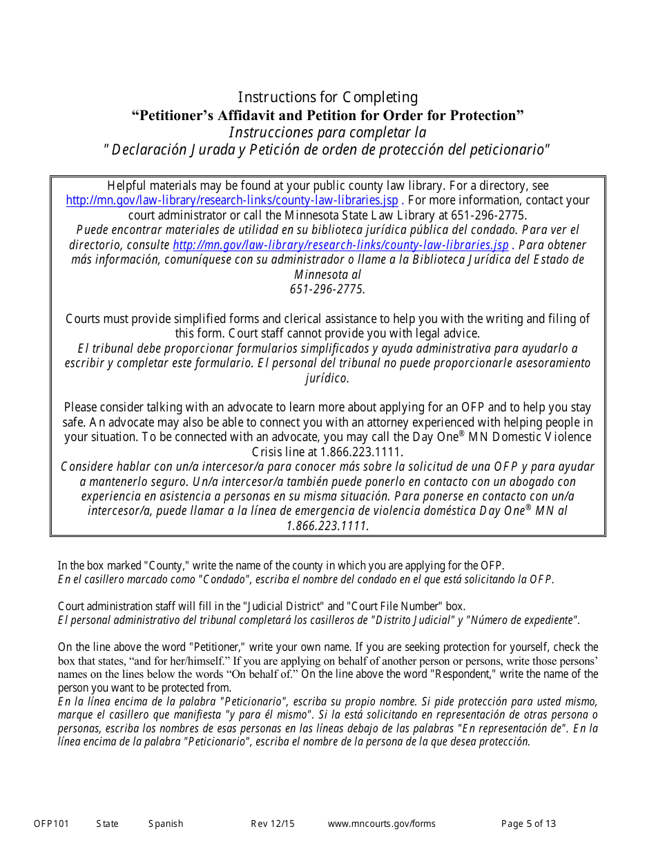 Form OFP101 Instructions to Apply for an Order for Protection (Minn. Stat. 518b.01) - Minnesota (English / Spanish), Page 5