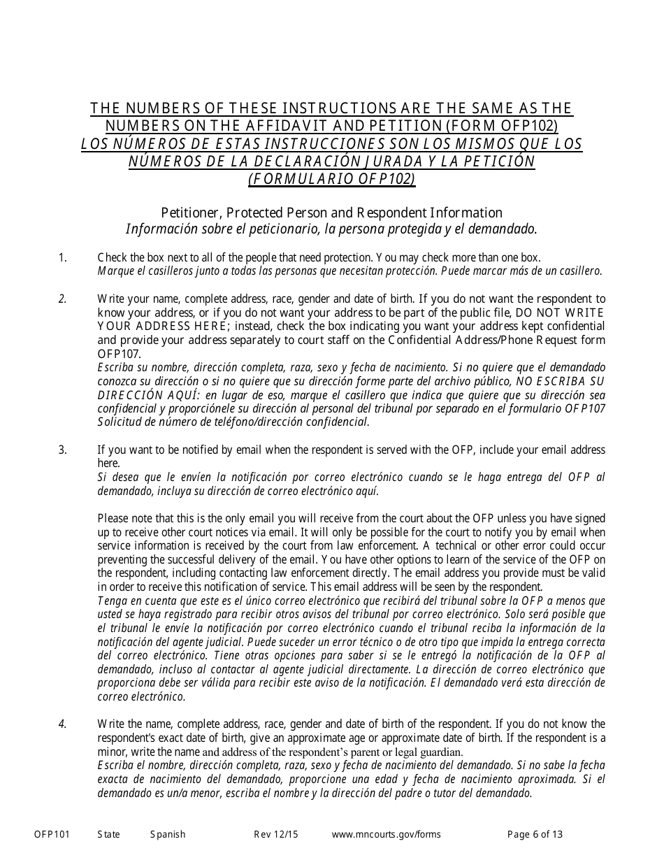 Form OFP101 Instructions to Apply for an Order for Protection (Minn. Stat. 518b.01) - Minnesota (English / Spanish), Page 6
