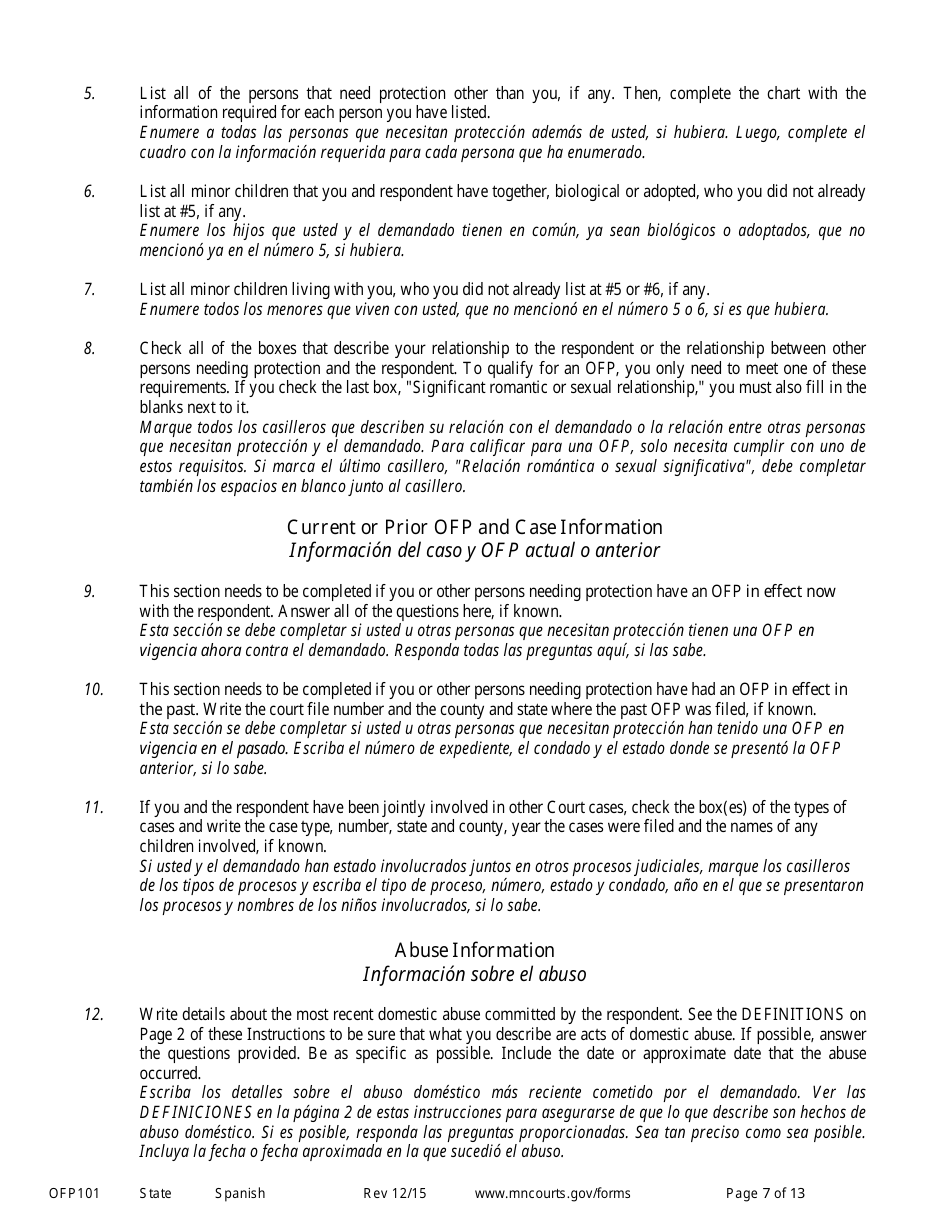 Form OFP101 Instructions to Apply for an Order for Protection (Minn. Stat. 518b.01) - Minnesota (English / Spanish), Page 7