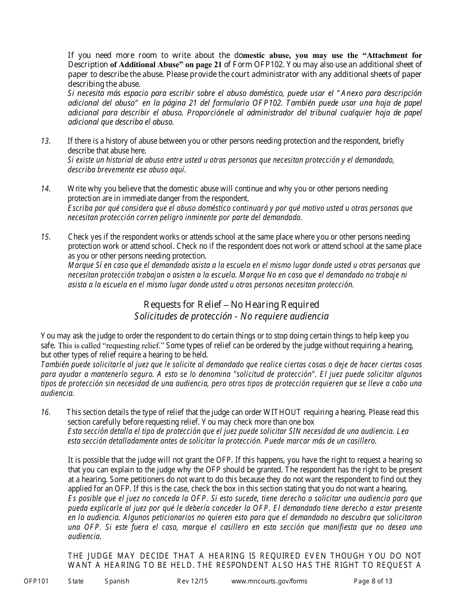 Form OFP101 Instructions to Apply for an Order for Protection (Minn. Stat. 518b.01) - Minnesota (English / Spanish), Page 8