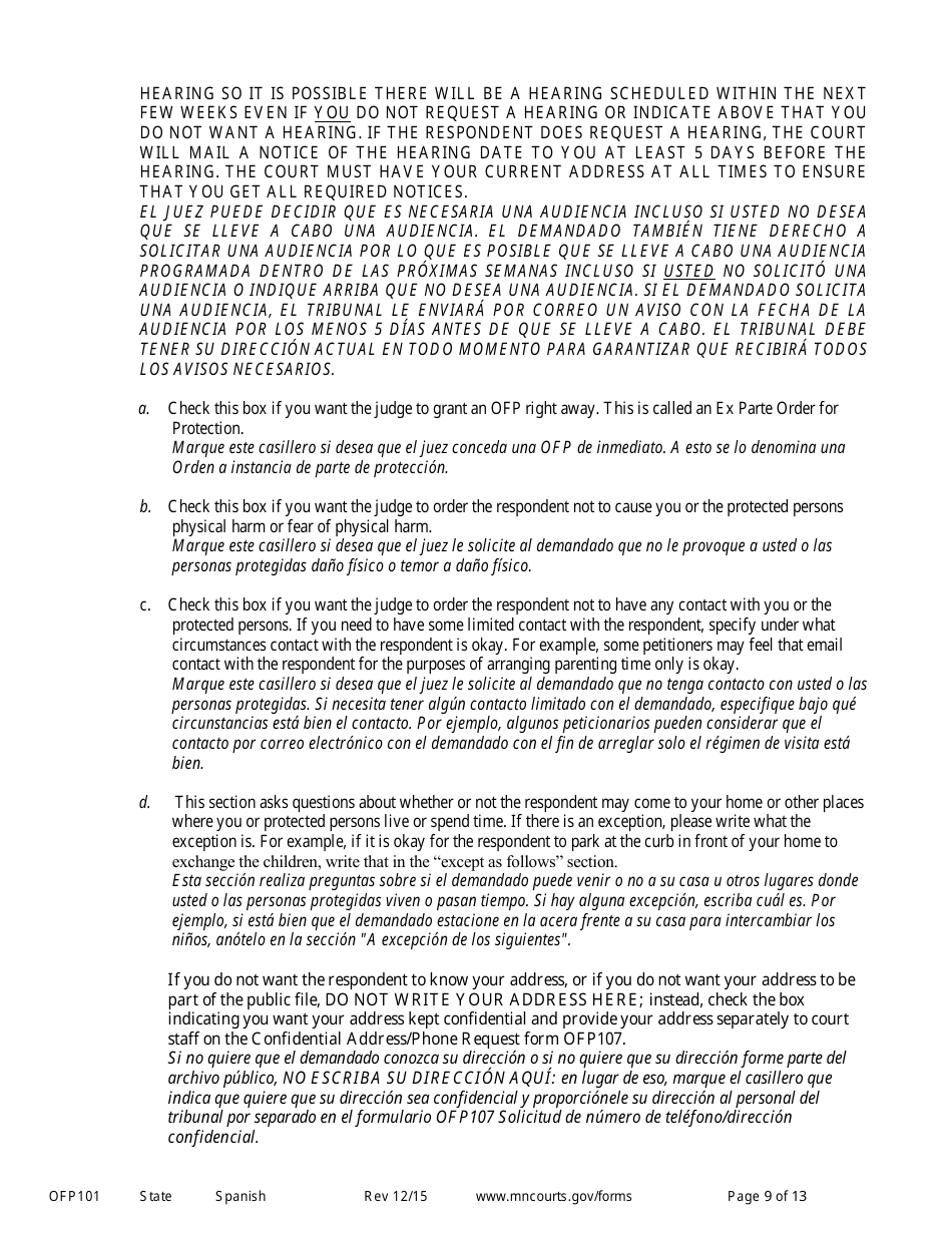 Form OFP101 Instructions to Apply for an Order for Protection (Minn. Stat. 518b.01) - Minnesota (English / Spanish), Page 9