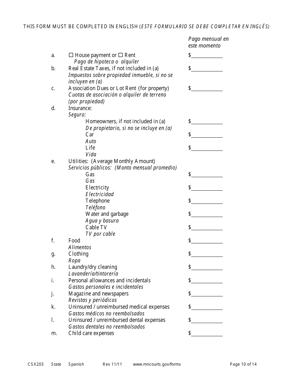 Form CSX203 Affidavit in Support of Motion to Modify Child Support - Minnesota (English / Spanish), Page 10